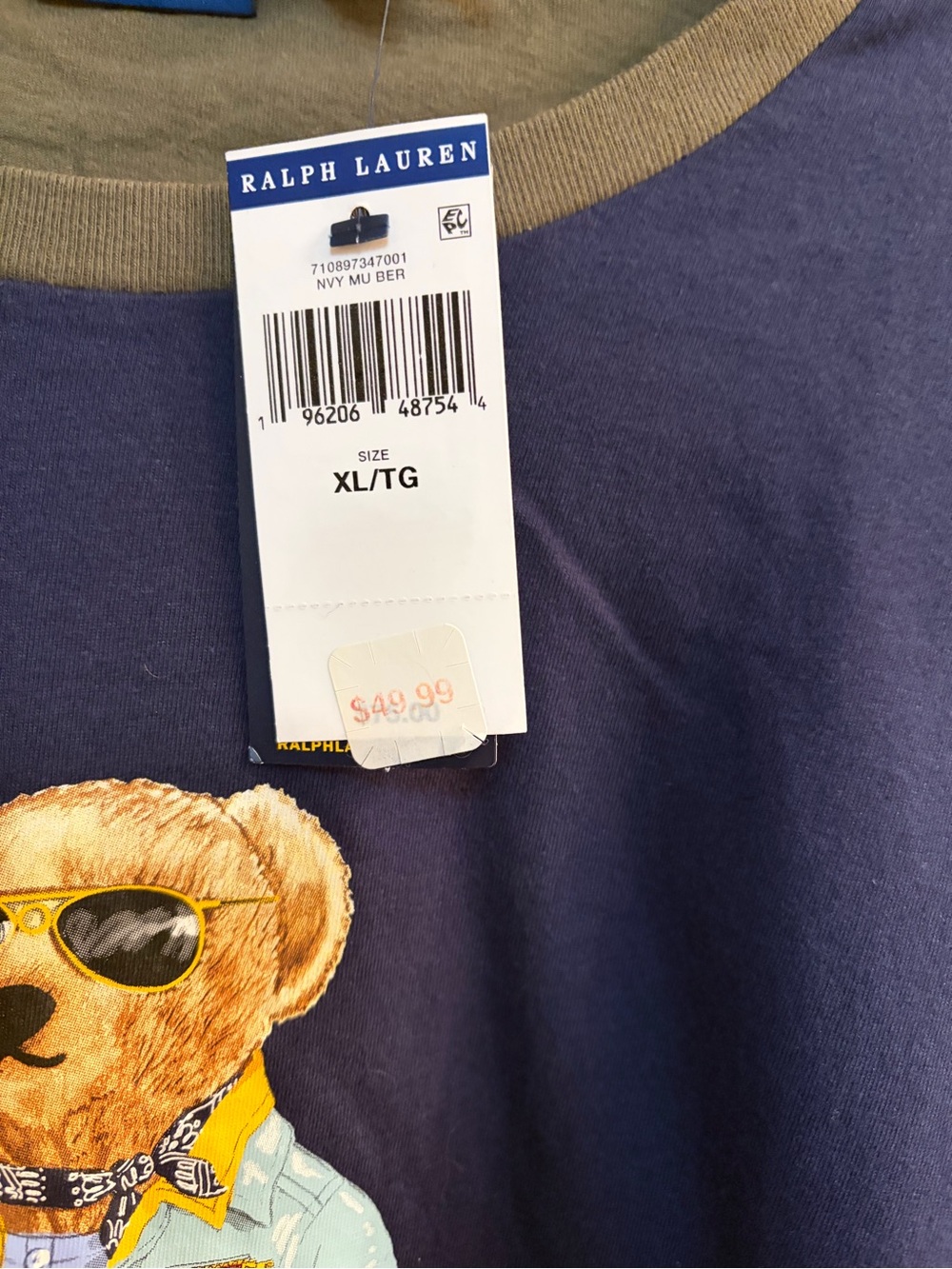 Polo by Ralph Lauren Men’s Navy Tee with Orange & Yellow Sleeves - Picture 4 of 7